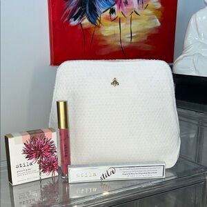 Guerlain Paris White Honey Comb Cosmetic Bag with Stila Cosmetic Eye/Lip Set NWT